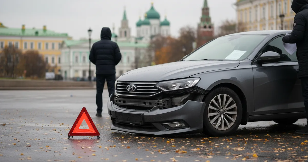 Помятое крыло легкового автомобиля после ДТП на московской улице, рядом водитель с документами